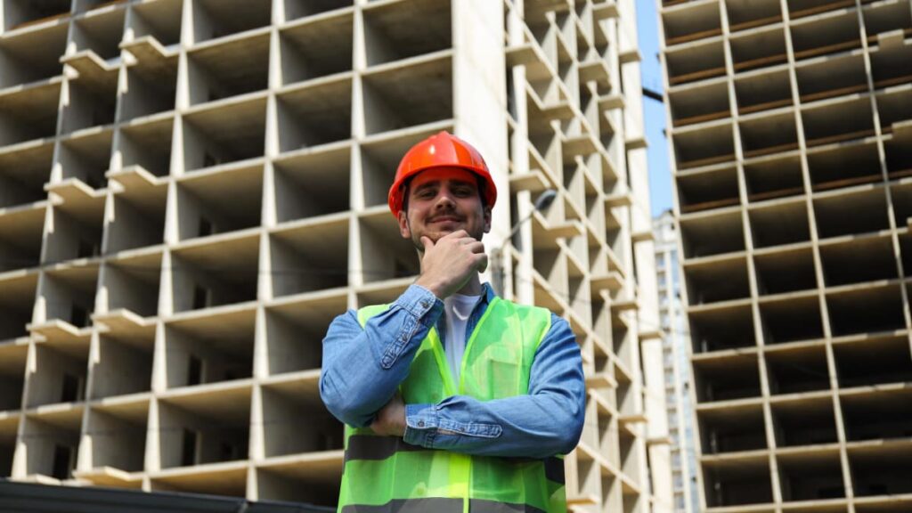 مهندس تعمیرات کلایمر با کلاه ایمنی جلوی ساختمان در حال ساخت